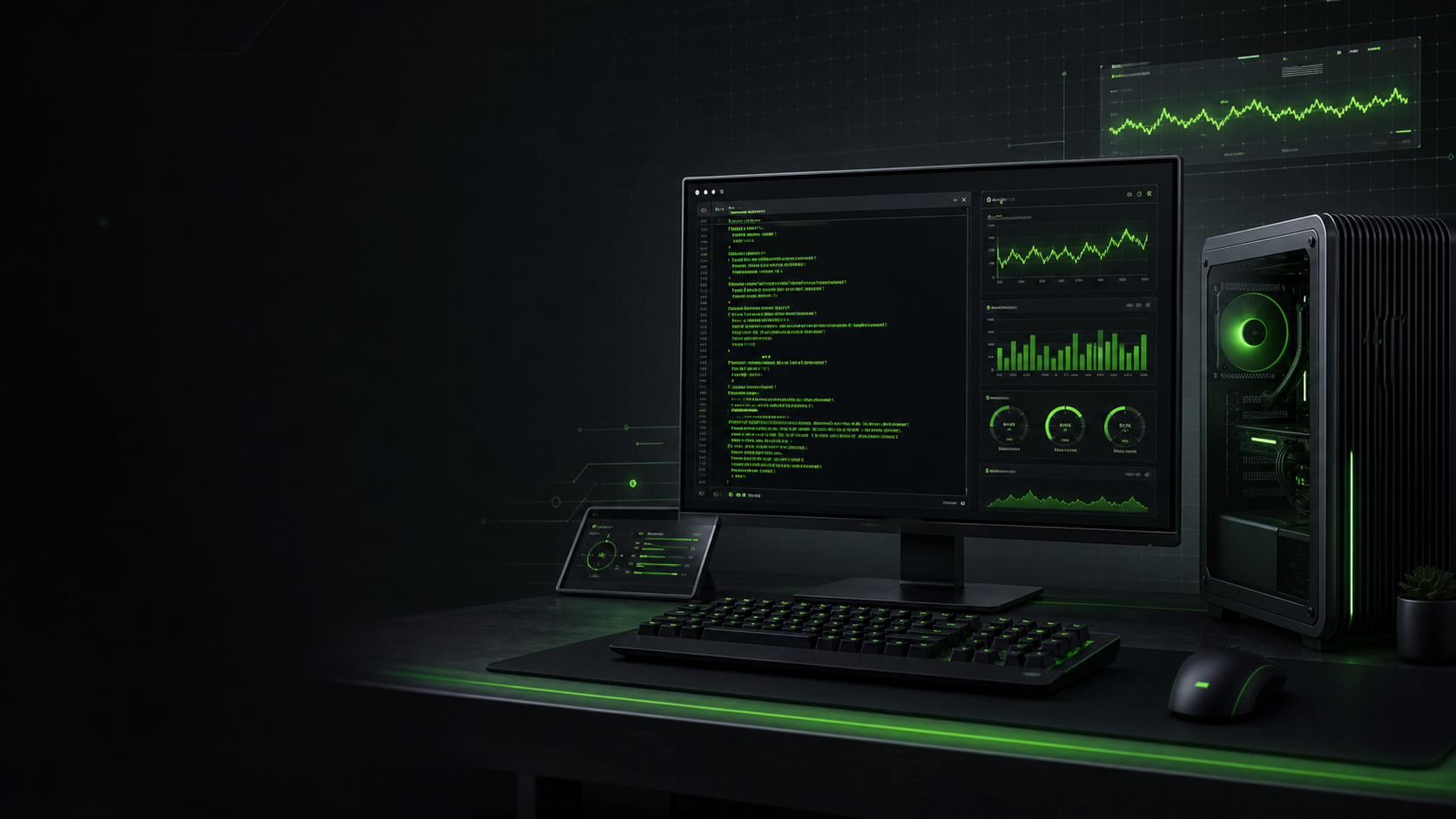 Dark gaming workstation with performance dashboards and a desktop PC